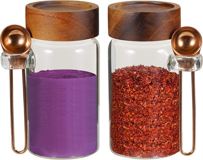 6 pc Glass Spice jars Glass Jars with Screw Lid 5 oz Acacia Wood Glass Herb Sugar Coffee Bean Ground Container Food Storage Canister for Candy Pantry Tea Seasoning Meal Prep Snack (6*150ml(5oz))