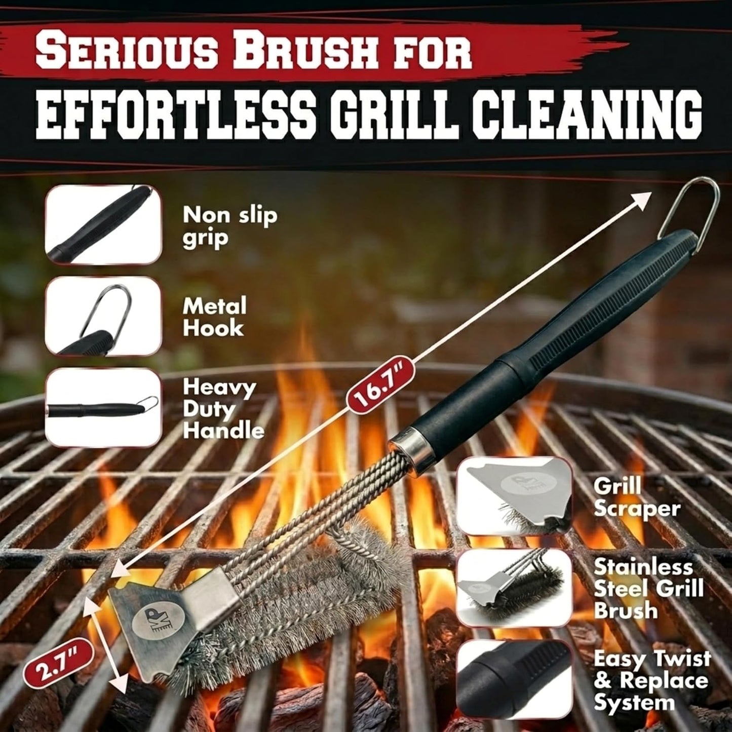 KITCHEN PERFECTION GrillSaver - Safe BBQ Grill Brush for Outdoor Grill with Replaceable Cleaning Head -Heavy-Duty Grill Cleaner with Scraper for All Grates +2 Bonuses -Best Grilling Gifts for Men