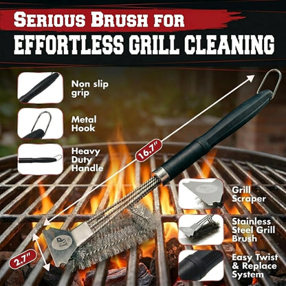 KITCHEN PERFECTION GrillSaver - Safe BBQ Grill Brush for Outdoor Grill with Replaceable Cleaning Head -Heavy-Duty Grill Cleaner with Scraper for All Grates +2 Bonuses -Best Grilling Gifts for Men