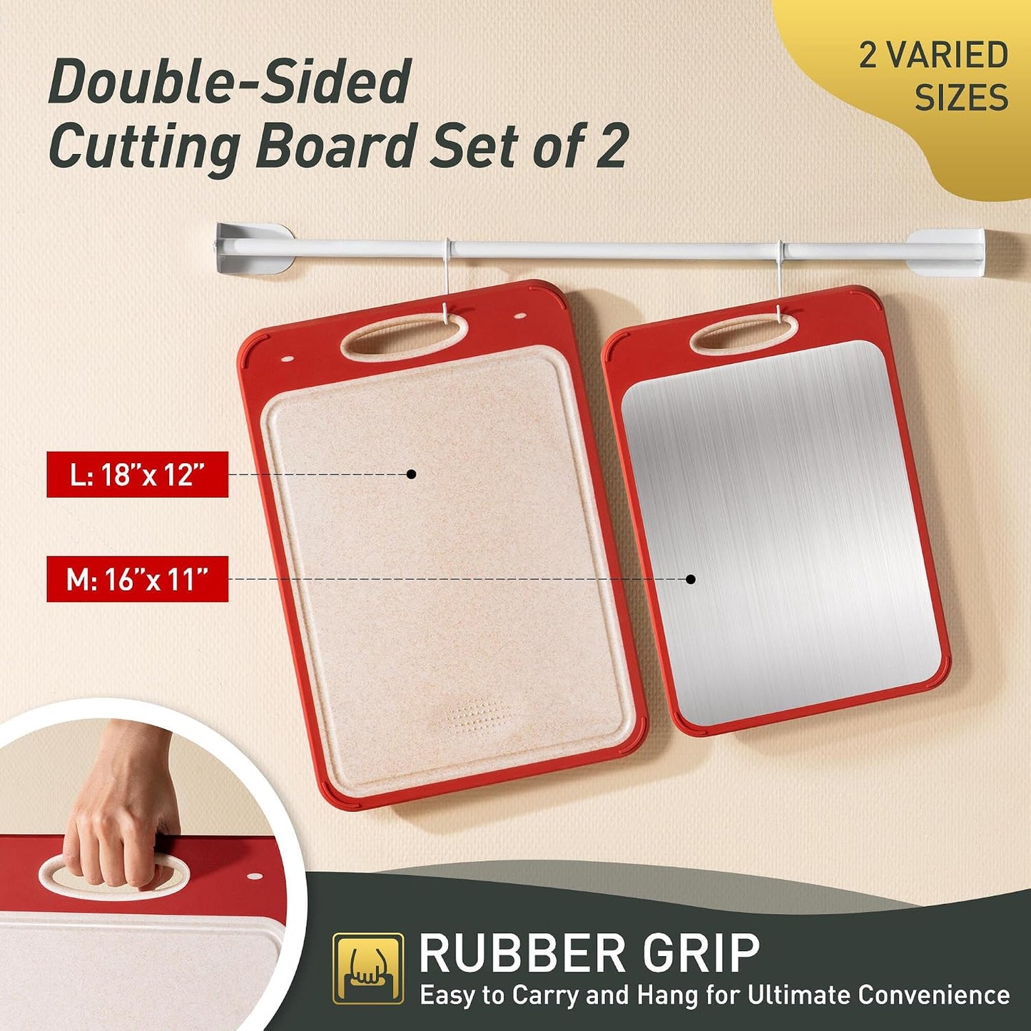 2 Packs Stainless Steel Cutting Board Set, Best Non Toxic Cutting Boards for Kitchen, Double Sided Metal Chopping Board for Meat/Fruit/Vegetables, Food Grade Kitchen Set Gift, [16”×11”+18”×12” Inch]