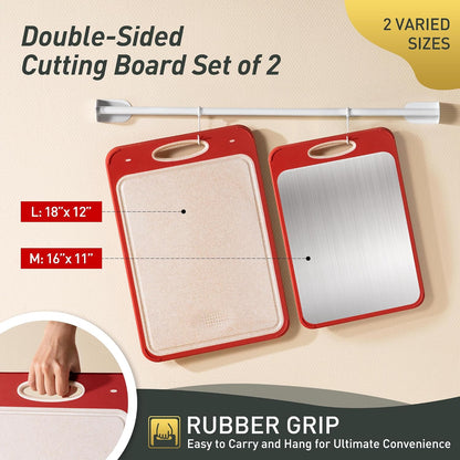 2 Packs Stainless Steel Cutting Board Set, Best Non Toxic Cutting Boards for Kitchen, Double Sided Metal Chopping Board for Meat/Fruit/Vegetables, Food Grade Kitchen Set Gift, [16”×11”+18”×12” Inch]