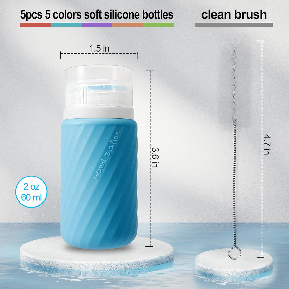 5Pcs Condiment Squeeze Bottles, 2 OZ Salad Dressing Container To Go, BPA-Free Dressing Bottle (with Cleaning Brush & Spice Labels), Leakproof Sauce Containers for Lunch Box, Travel Size Squeeze Bottle