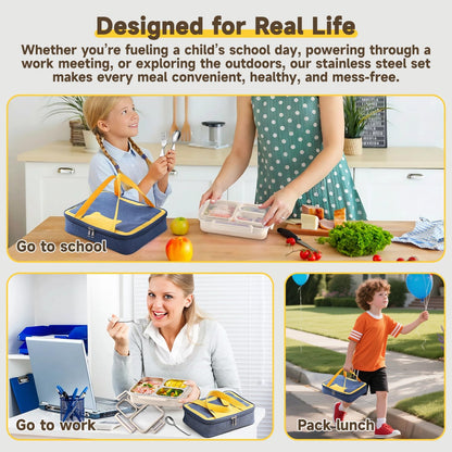 Stainless Steel Bento Lunch Box Set with Spoon, Fork & Insulated Lunch Bag, 25oz Leakproof Bento Box for Adults & Kids, Ideal for School, Home, Office, Picnic & Healthy meal prep containers (yellow)