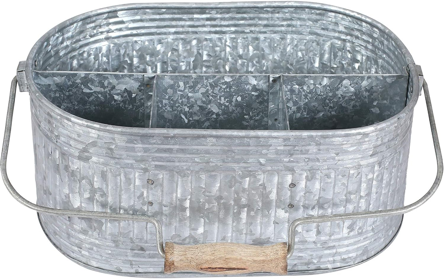 CLEENTABLE Farmhouse Galvanized Metal Utensil Caddy – 4-Compartment Silverware Organizer with Removable Handle for Countertop, Picnic & Party Use (10"x6.5"x5.5", Grey)
