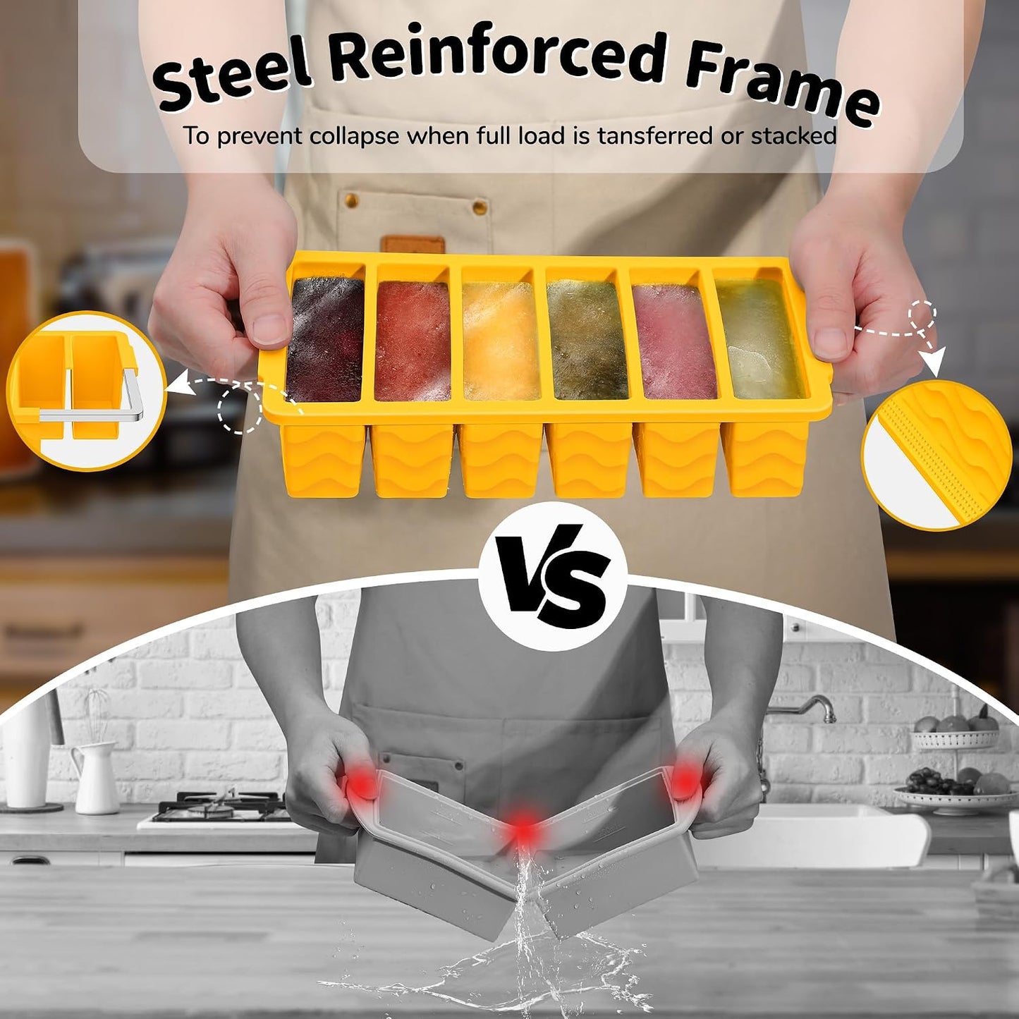 4-Pack Silicone Freezer Trays with Lid,2*【2 Large 2-Cup(500ml)&6 Small 1/2-Cup(125ml)】Soup Freezer Container Molds,Ice Cube Tray For Meal Prep&Freezing Soup,Stews,Sauces,Oven&Dishwasher-Safe