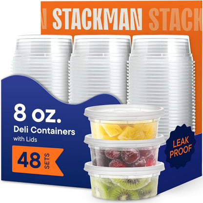 Stack Man 16 oz Deli Containers with Lids (48 Sets) – Pint Clear Plastic Food Storage Containers, Airtight Leak-Resistant Seal, BPA-Free, Microwave & Freezer Safe, Meal Prep Soup Takeout To-Go