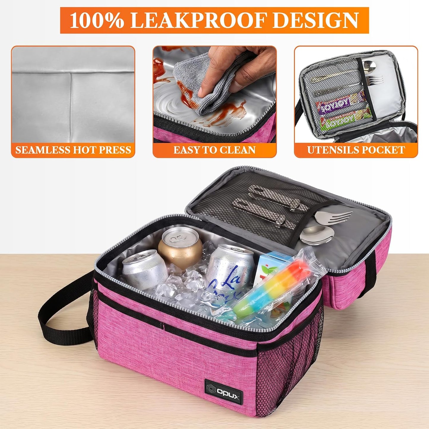 opux Insulated Lunch Bag for Men Women, Double Decker Leakproof Lunch Box Cooler Tote with Shoulder Strap, Large Lunchbox for Work School Travel Meal Prep, Adults Kids Boys Girls, Green, 16 Cans