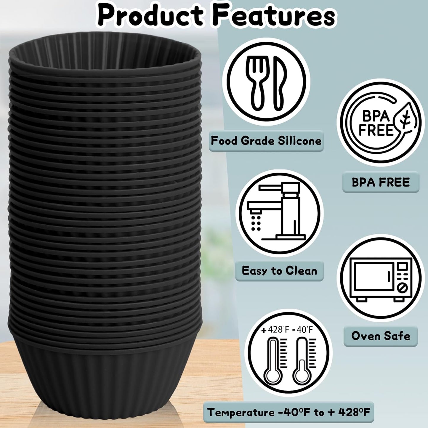 24 Pack Reusable Silicone Cupcake Liners Black, 2.76 Inch Silicone Muffin Cups for Kitchen, Non-Stick Baking Cups for Cupcakes, Muffins