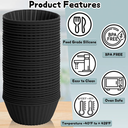 24 Pack Reusable Silicone Cupcake Liners Black, 2.76 Inch Silicone Muffin Cups for Kitchen, Non-Stick Baking Cups for Cupcakes, Muffins