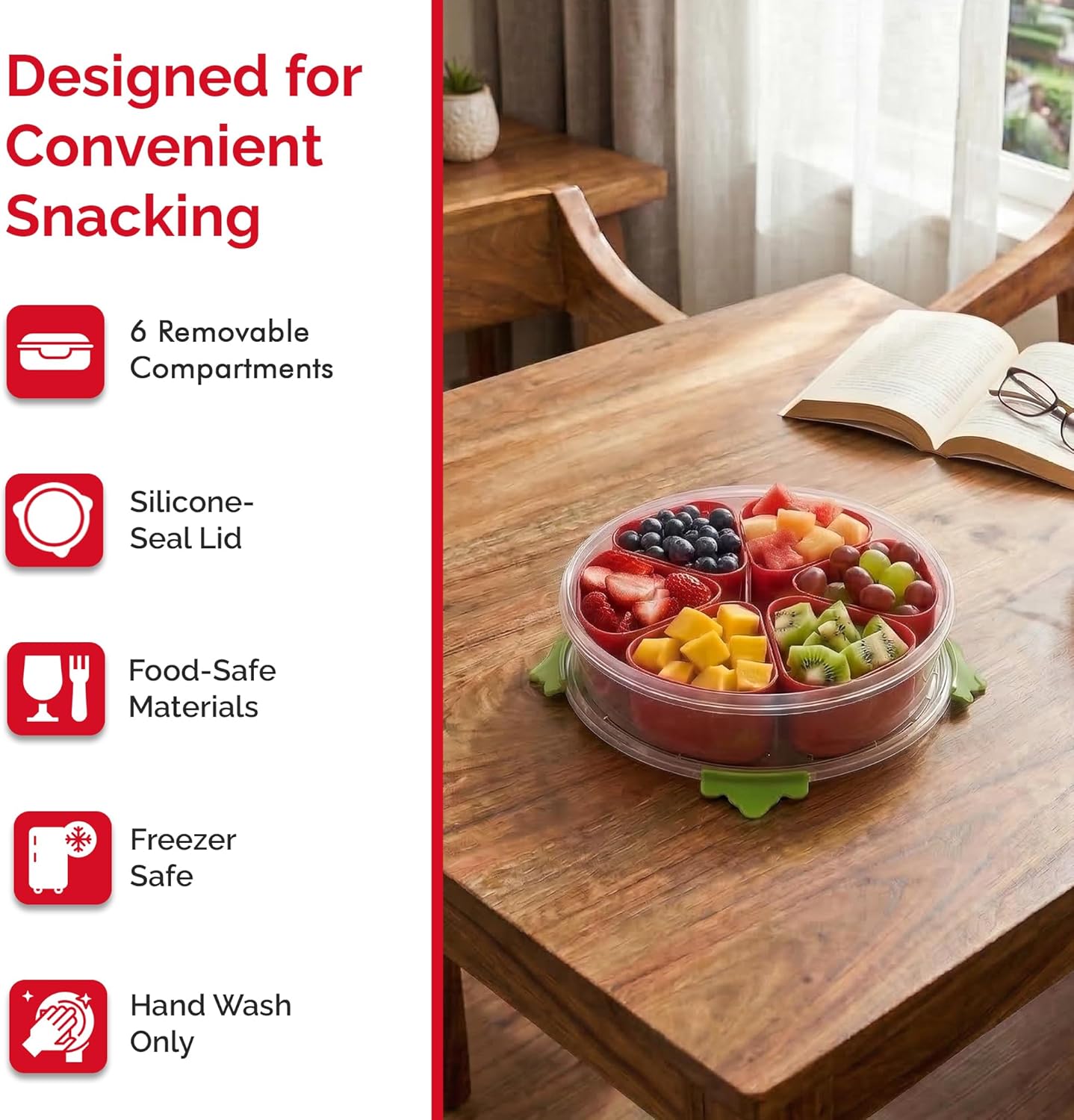 Divided Serving Tray with Lid,Stackable Snackle Box Strawberry Container for Fruits Candy Organizer, Portable Rounded Veggie Tray for Kitchen, Party, Trave and Picnic (Pink)