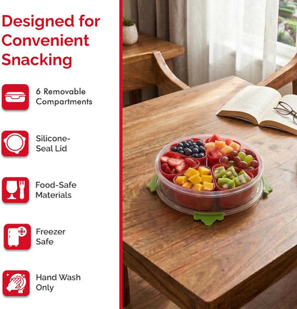 Divided Serving Tray with Lid,Stackable Snackle Box Strawberry Container for Fruits Candy Organizer, Portable Rounded Veggie Tray for Kitchen, Party, Trave and Picnic (Pink)