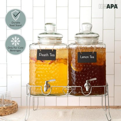Ilyapa Glass Drink Dispensers for Parties with Stand - 2 Pack, 2 Gallon Double Beverage Dispenser with Wood Tops & Black Stainless Spigots