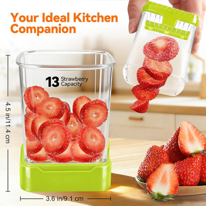 Fruit Slicer Cup for Strawberry, Banana, Hard-Boiled Egg - Detachable Cutter with Push Plate - 304 Stainless Steel Blade - Rapid & Safe Slicing Kitchen Gadget for Quick Meal Prep (Blackish green)