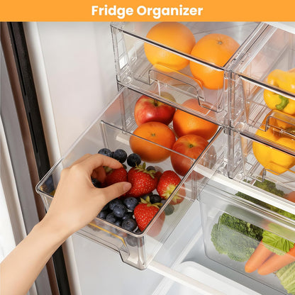 4 Pack Stackable Storage Drawers, Bathroom & Undersink Organizer with Removable Dividers - Acrylic Drawer Organizers with Handles for Fridge, Kitchen Cabinet, Pantry Storage