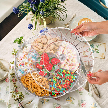 AVLA Rotating Snack Tray with Lid, 11.5" Plastic Divided Serving Dishes, Round Appetizer Platter, 6 Compartments Food Storage Organizer for Dried Fruits, Nuts, Candies, Veggie, Cookies(Clear)