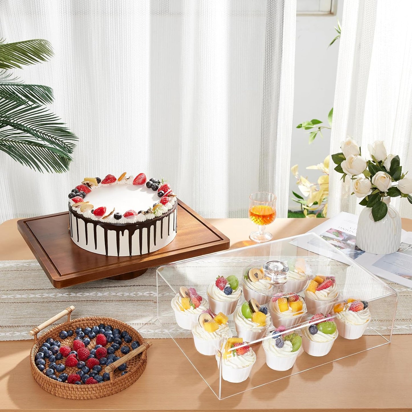 HouseJoy Acacia Wood Cake Stand with Lid-Extra Large 17" Rectangular Cake Holder,2-in-1 Dessert Table Display Set & Charcuterie Board,Acrylic Cake Dome Cover for Cheese/Veggie/Desert /Chips & Dip