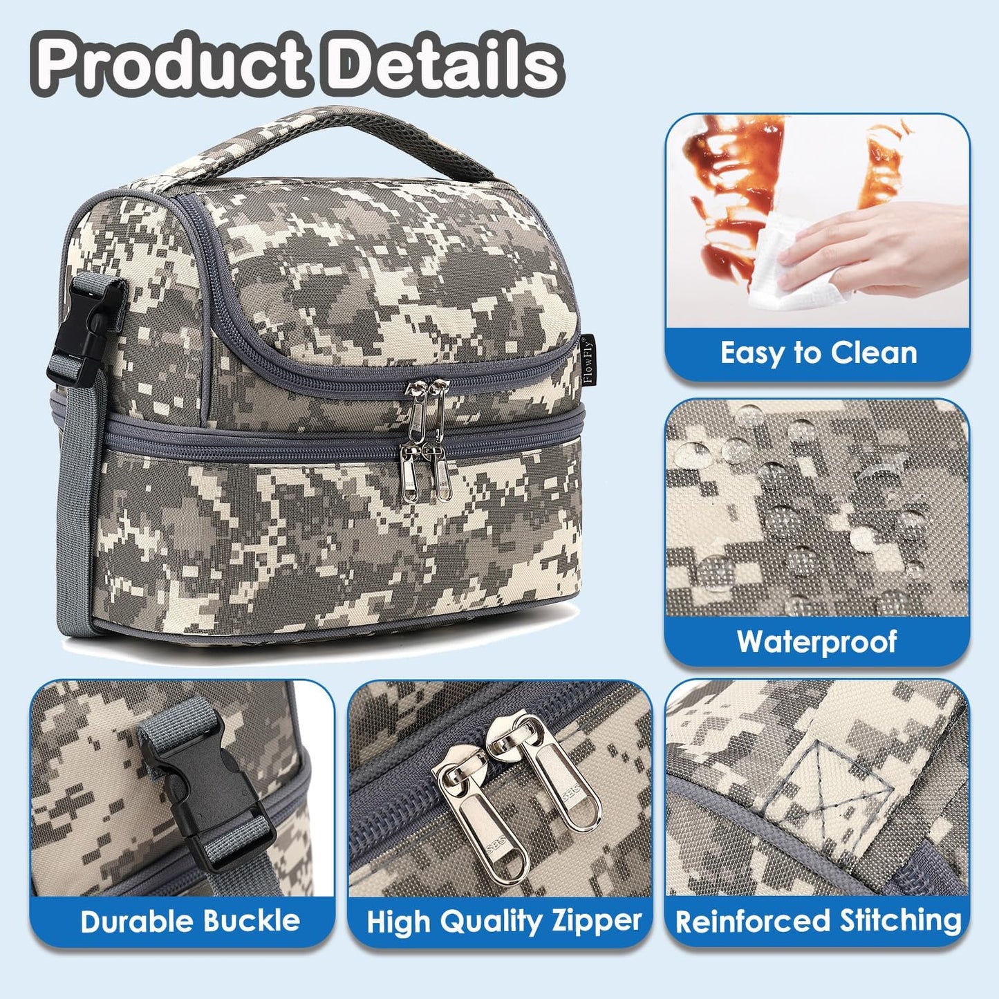 FlowFly Kids Double Decker Cooler Insulated Lunch Bag Large Tote for Boys, Girls, Men, Women, With Adjustable Strap, Unicorn