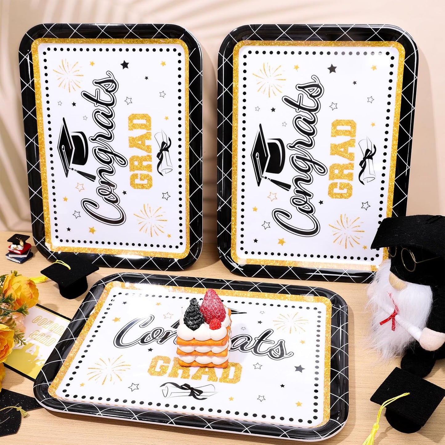 JarThenaAMCS 3Pcs Graduation Serving Trays 13 x 10 Inch Bachelor' s Hat Diploma Glitter Reusable Melamine Platter Congrats 2026 Grad Serving Dishes for Graduate Party Sharing Snacks Fruit Dessert