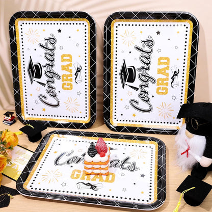 JarThenaAMCS 3Pcs Graduation Serving Trays 13 x 10 Inch Bachelor' s Hat Diploma Glitter Reusable Melamine Platter Congrats 2026 Grad Serving Dishes for Graduate Party Sharing Snacks Fruit Dessert
