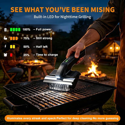 Electric Grill Brush Cleaner, High Torque BBQ Bristle-Free Cleaner – Rechargeable Cordless with LED Light, Splash Guard & Scraper, Heavy Duty Grill Cleaner Tool for Outdoor Grill, Gift for Men Dad