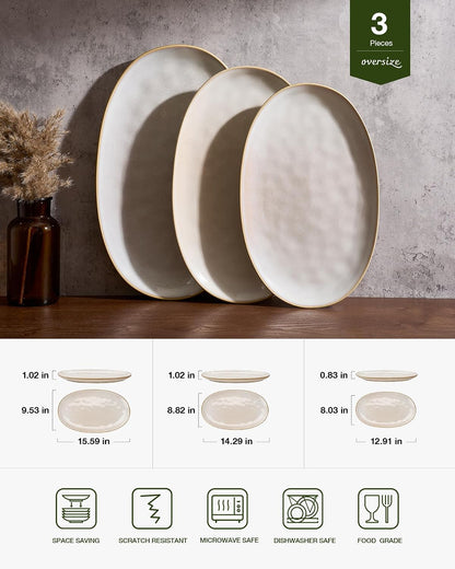 famiware Serving Platter, Oval 15.59/14.3/12.9inch Serving Dishes for Entertaining, Serving Bowls, Microwave Safe, Stoneware Serving Trays for Party, Food, Turkey, Cheese, Ocean Series, Vanilla White