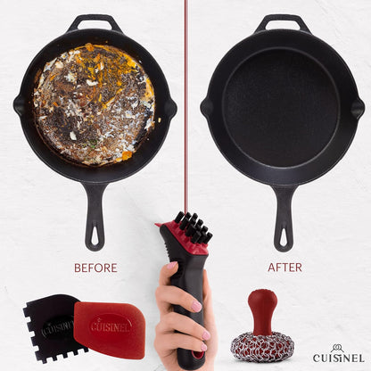 Cuisinel Cast Iron Scrubber Cleaning Brush + Pan/Grill Scraper - Skillet and Grill Cleaner Kit - Soft-Touch Confident-Grip Dish Scrub Tool - Tough on Grease, Gentle on Metal and Non-Stick Cookware