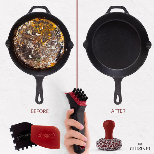 Cuisinel Cast Iron Scrubber Cleaning Brush + Pan/Grill Scraper - Skillet and Grill Cleaner Kit - Soft-Touch Confident-Grip Dish Scrub Tool - Tough on Grease, Gentle on Metal and Non-Stick Cookware