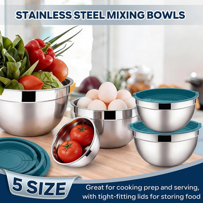 E-far Mixing Bowls With Lids Sets of 5, 10-Piece Stainless Steel Salad Metal Nesting Bowl for Baking Cooking and Prepping, Airtight Lid & Stackable Design, Size 4.6, 3, 2.1, 1.5, 0.7 QT, Black