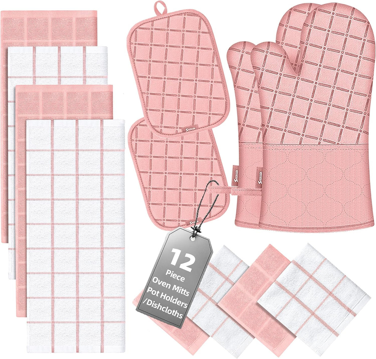 Oven Mitts Kitchen Towels and Dishcloths Pot Holders Sets, Oven Gloves Kitchen Dish Towels 500 Degree Heat Resistant Potholders with Non-Slip Silicone Surface for Cooking, Grilling, Baking-Gray