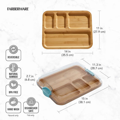 Farberware Build-A-Board Bamboo Cutting Board with Built-In Compartments & Clear Locking Lid, Black Handles, Charcuterie, Snack Tray, Food Prep and Serving Platter