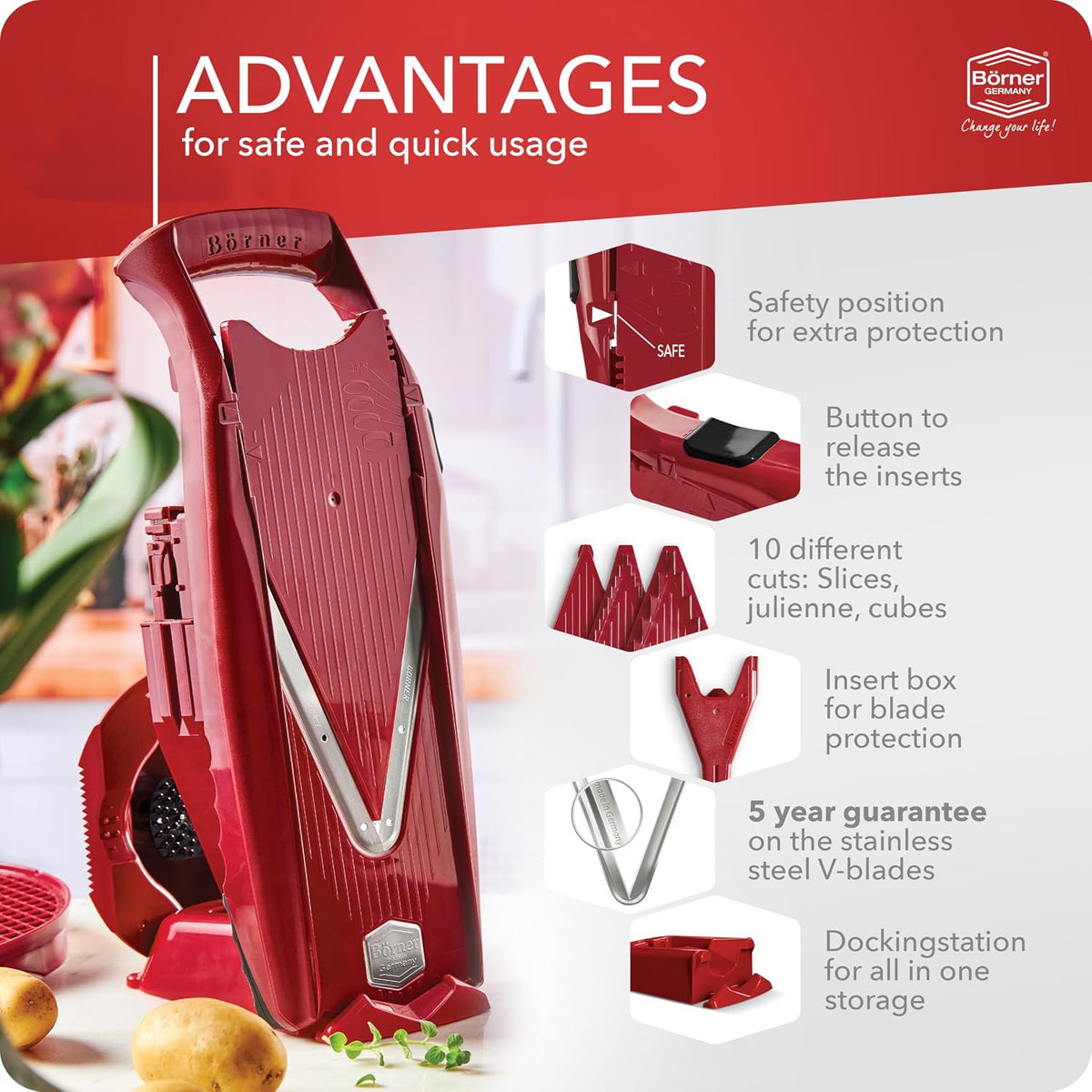Mandoline Food Slicer Börner V5 (Profi Set) by Reston Lloyd • V-Slicer with 4 Inserts, Docking Station & Food Holder • Made in Germany • Fruit & Vegetable Chopper • Multiple Settings • Color: Purple