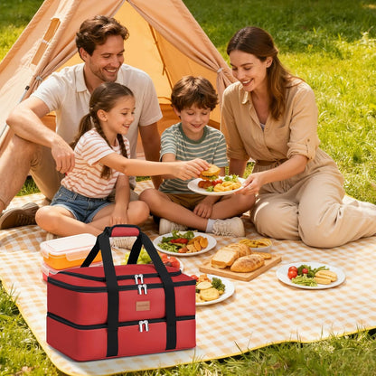 Insulated Casserole Carrier, Double Decker Food Carriers for Hot or Cold Food, Portable Leakproof Thermal Bag for Travel/Potluck Parties/Picnic/Cookouts (Red)