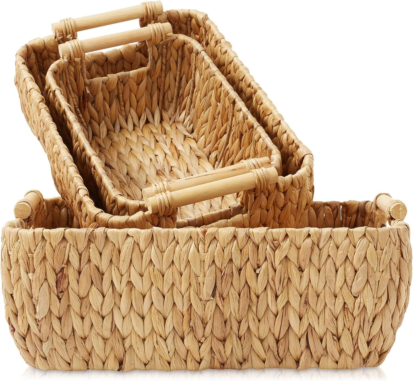 Casafield Set of 2 Water Hyacinth Oval Storage Baskets with Wooden Handles - Medium, Woven Bin Organizers