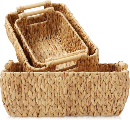 Casafield Set of 2 Water Hyacinth Oval Storage Baskets with Wooden Handles - Medium, Woven Bin Organizers