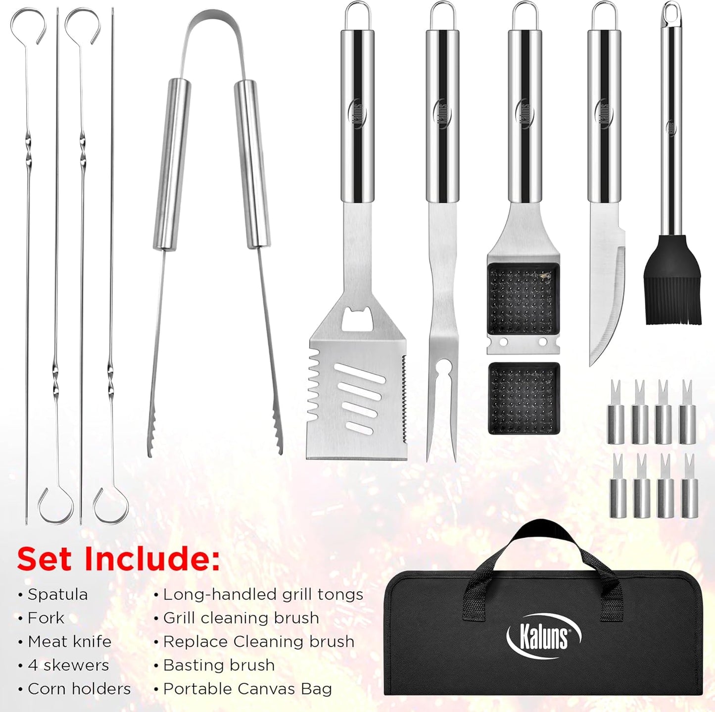 Kaluns Grilling Accessories, Dad Gifts for Fathers Day, Heavy Duty Stainless Steel Grill Set BBQ Grill Accessories for Outdoor Grill with Meat Thermometer, Case and Apron