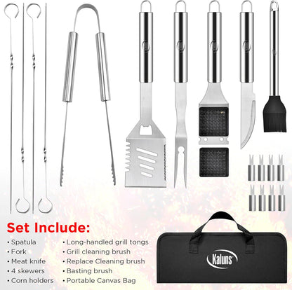 Kaluns Grilling Accessories, Dad Gifts for Fathers Day, Heavy Duty Stainless Steel Grill Set BBQ Grill Accessories for Outdoor Grill with Meat Thermometer, Case and Apron