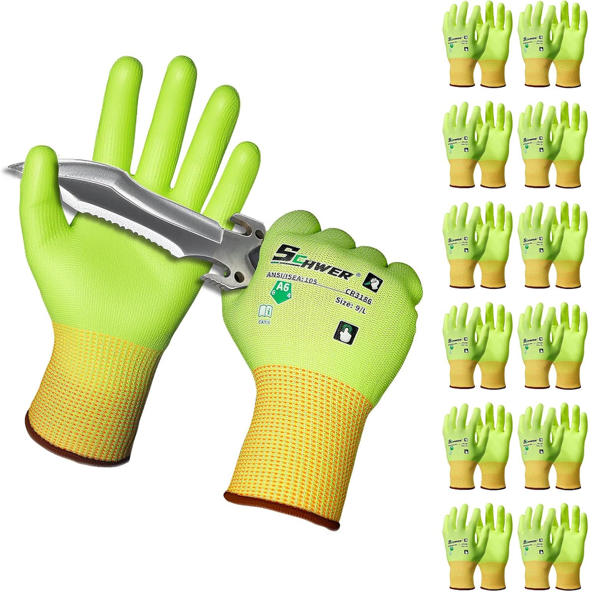 Schwer 12 Pairs A4/A5/A6 Cut Resistant Gloves, Non PFAS CR3088, L