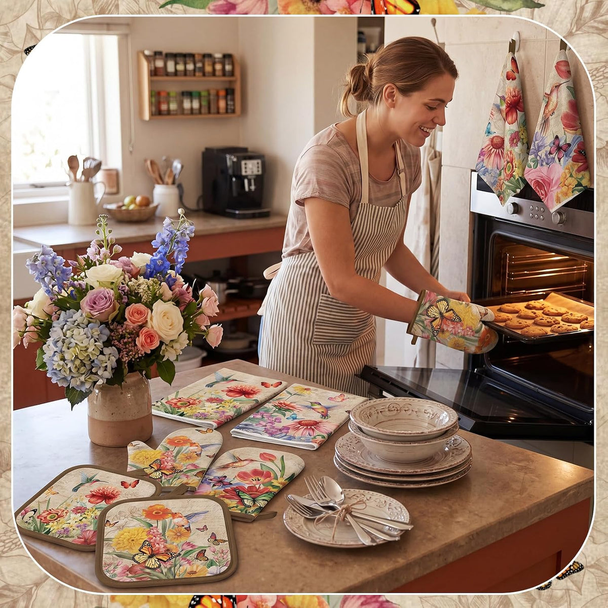 SiliFine 12 Pcs Fall Pumpkin Kitchen Towels Oven Mitts Pot Holders Set
