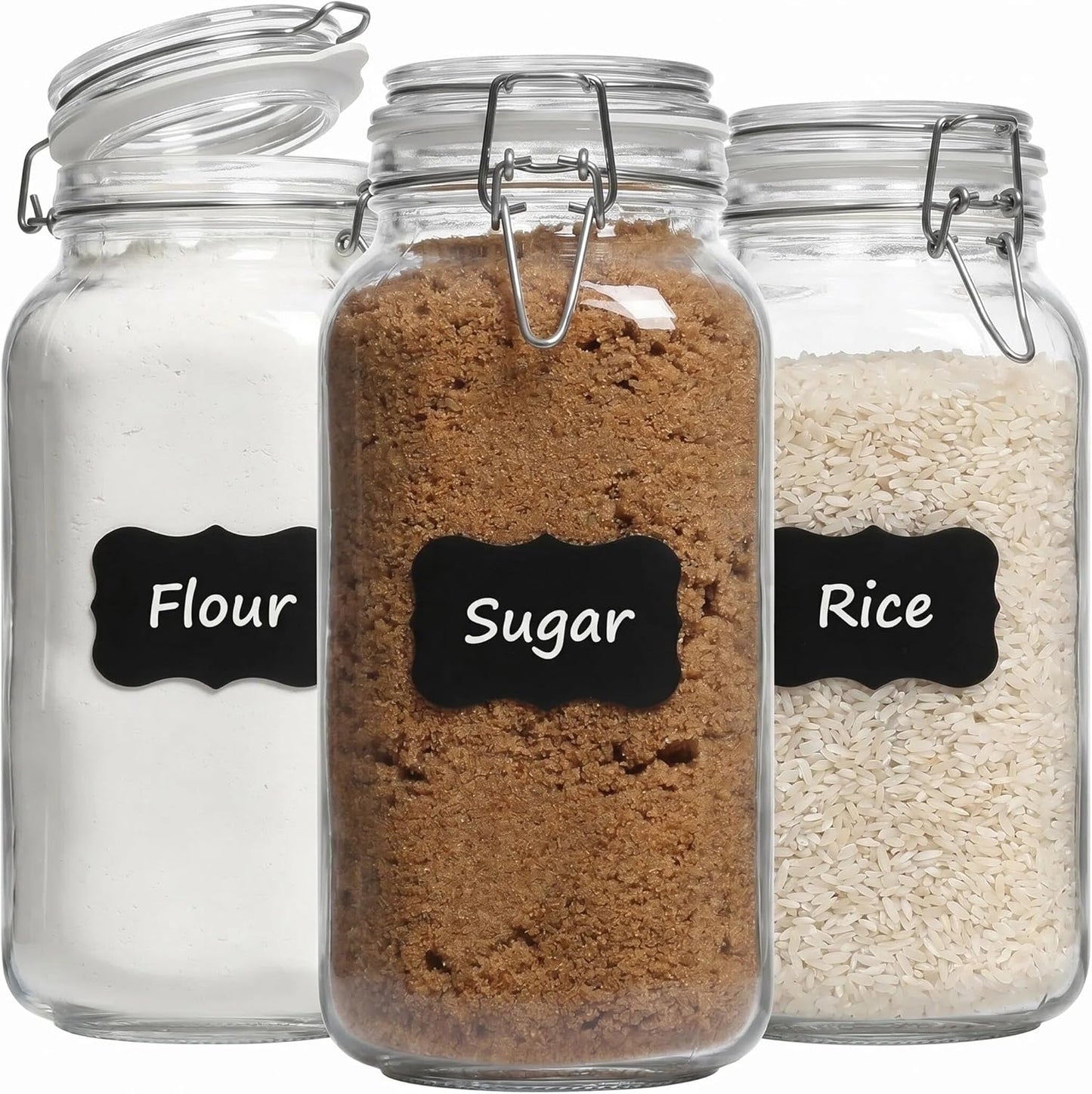 78oz Large Square Airtight Glass Jars with Lids, Wide Mouth Food Storage Canisters, Hold 4lb Sugar or 5lb Rice, Heavy Duty Pantry Containers for Flour, Coffee, Bulk Storage