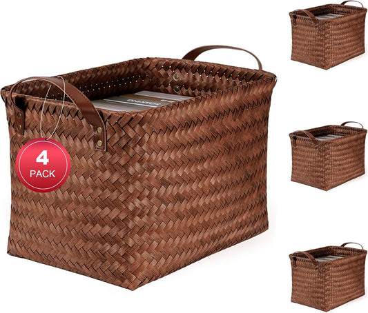 15L Laundry Baskets Waterproof Storage Baskets For Shelves Large Laundry Hamper With Leather Handle -set of 4 Cube Organizers Woven Bins for Bathroom,Bedroom,Pantry,Clothes,Car & Towels-Brown