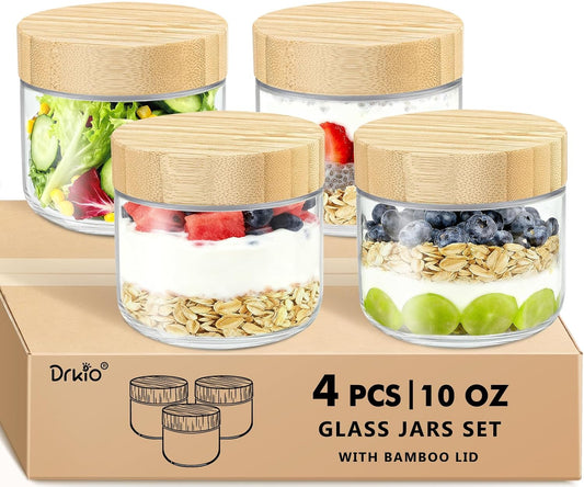DRKIO 10 Oz Overnight Oats Containers with Bamboo Lids - 4 Pack Glass Storage Jars with Airtight Lids Wide Mouth Mason Food Jars Great for Meal Prep Salad Chia Pudding Snacks Yogurt Sugar Spice