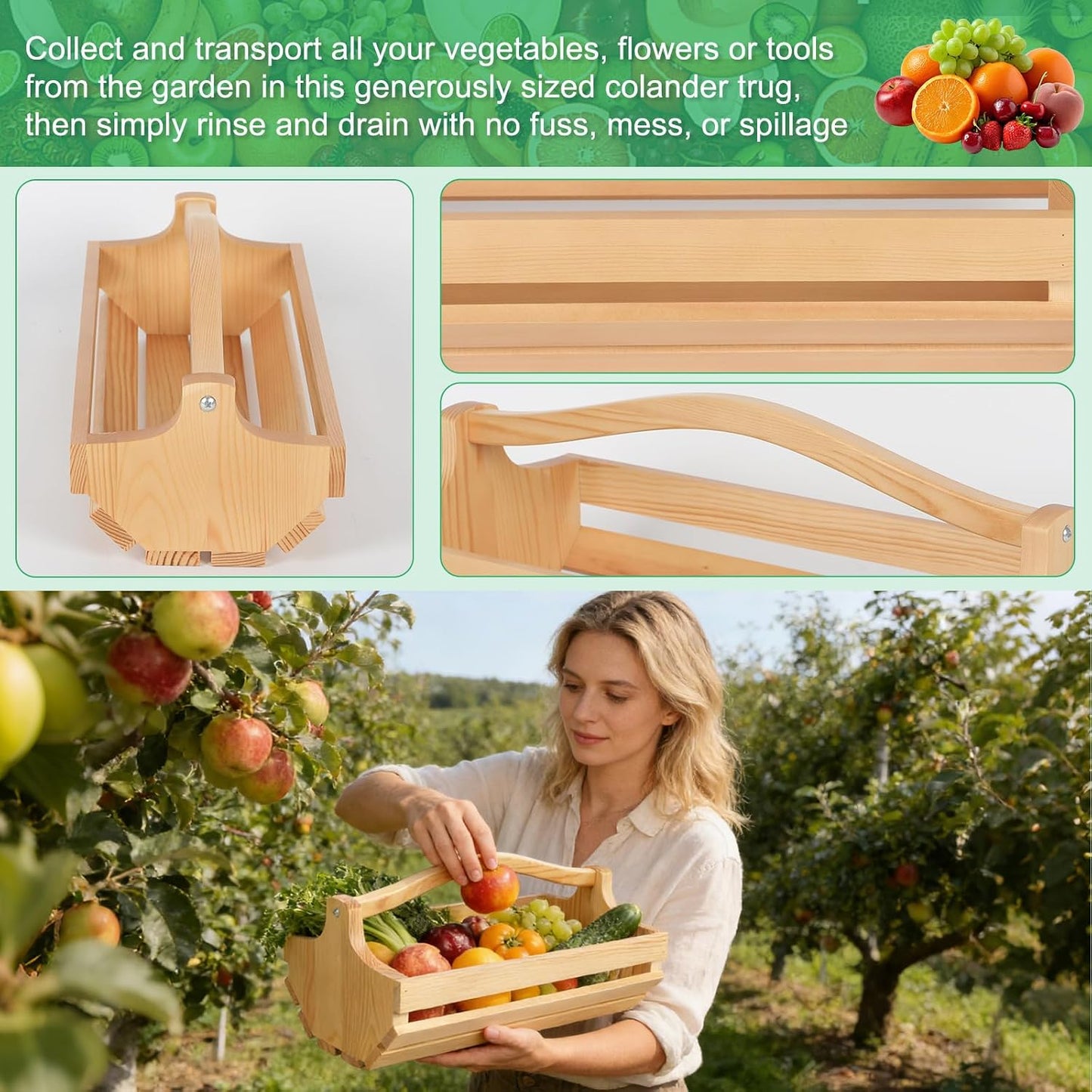 3-Piece Wooden Garden Harvest Basket Set with Handles (S/M/L), Sturdy Pine Wood Gathering Hod for Vegetable Harvesting, Fruit Picking & Farmhouse Storage Decor
