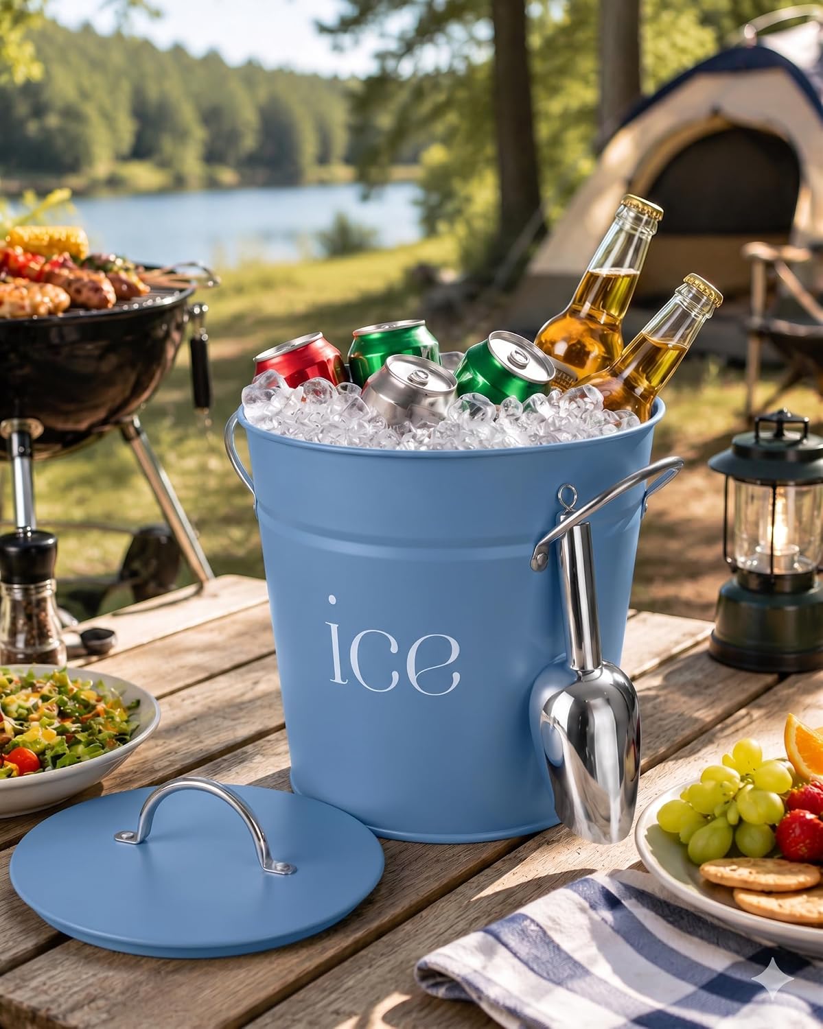 3Qt Black Galvanized Ice Bucket with Lid, Scoop & Handles - Ideal for Cocktails, Parties, BBQs, Wine & Champagne. Double-Layer Insulated Outer & Galvanized Inner Layer, Perfect for Home & Outdoor Use