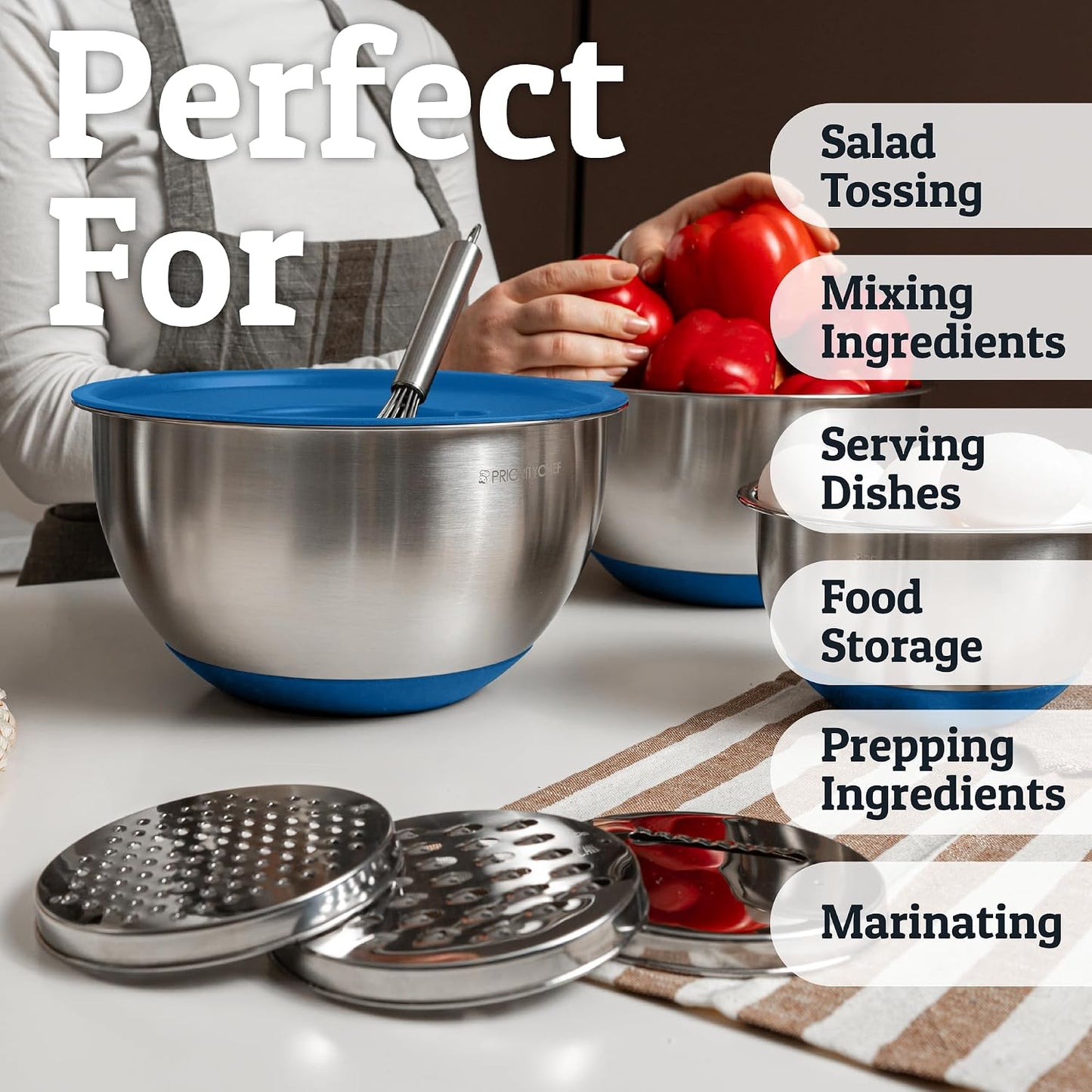 Priority Chef Stainless Steel Mixing Bowls with Lids Set, 3 Grater Attachments, Airtight Lids, Non-Slip Silicone Base Mixing Bowl Set, Large Prep Metal Mixing Bowls for Kitchen, Black