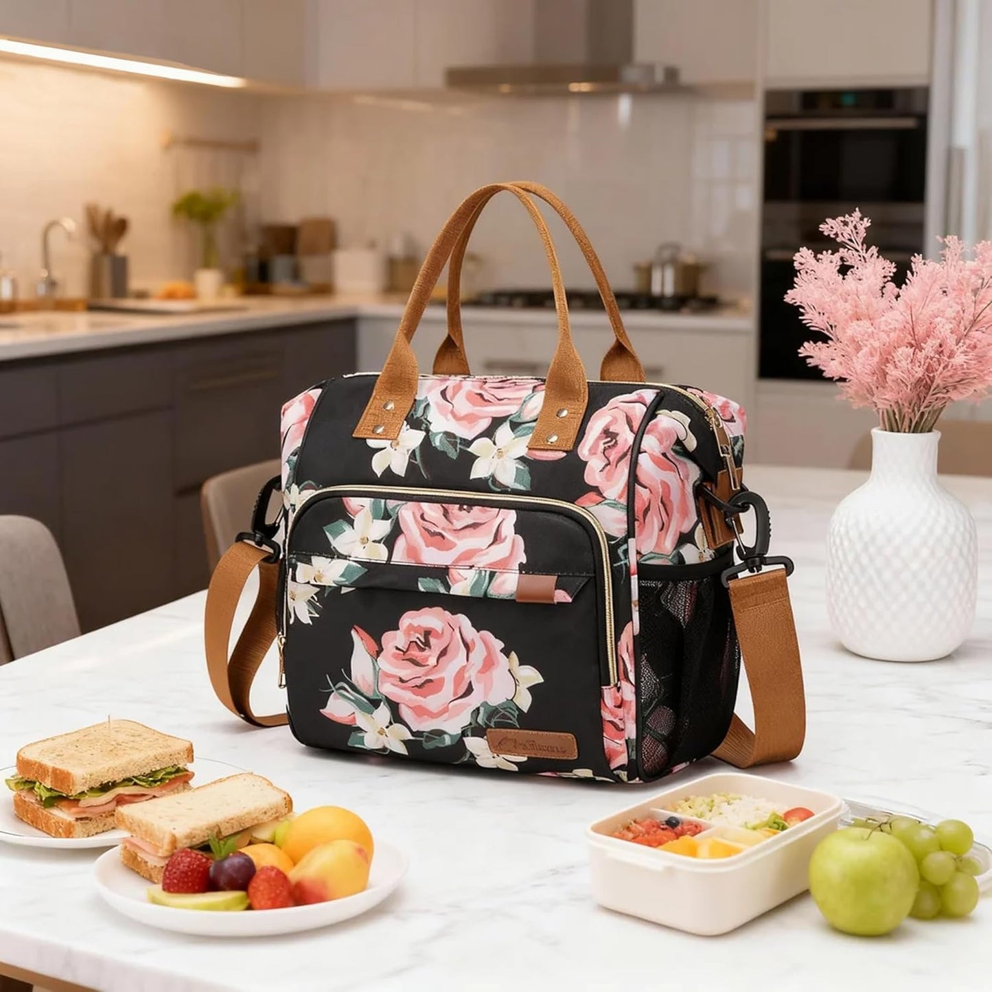 TuErCao Small Lunch Bag Lightweight Insulated Lunch Box for Women Work Portable Soft Cooler for Picnic Travel Road Trips, Loncheras para Mujer, Black