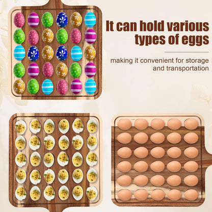 Deviled Egg Containers with Lid & Handle, Square 30 Holes Wooden Deviled Egg Storage Platter Serving Tray Carrier Food Containing Plate Holder for Home Party Supply