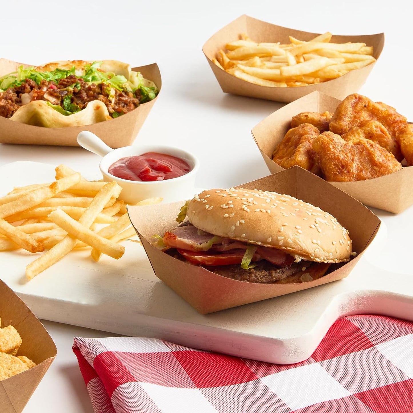 ZORRITA 2 Lb Paper Food Trays - 100 Pack Disposable Nacho Trays Brown Food Boats Take Out Basket Holders for Serving Party Snacks Hot Dogs Tacos Fries