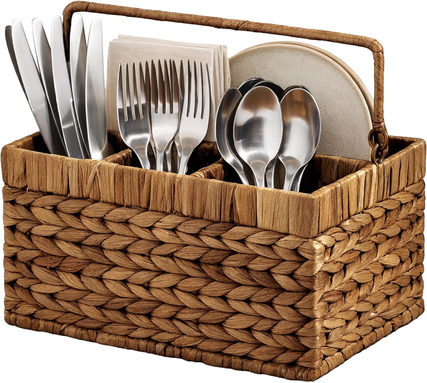 Best Choice Products Handwoven Silverware Organizer w/Handle, 5 Compartment Flatware Organizer, Shelf Storage Basket, Wicker Utensil Caddy, Cutlery Basket Holder for Party, Picnic, BBQ - Chestnut