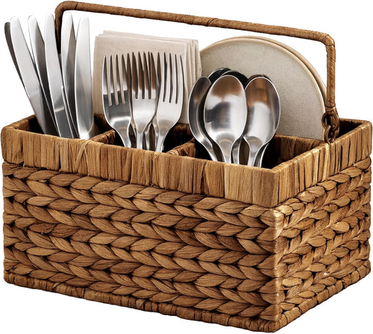 Best Choice Products Handwoven Silverware Organizer w/Handle, 5 Compartment Flatware Organizer, Shelf Storage Basket, Wicker Utensil Caddy, Cutlery Basket Holder for Party, Picnic, BBQ - Chestnut