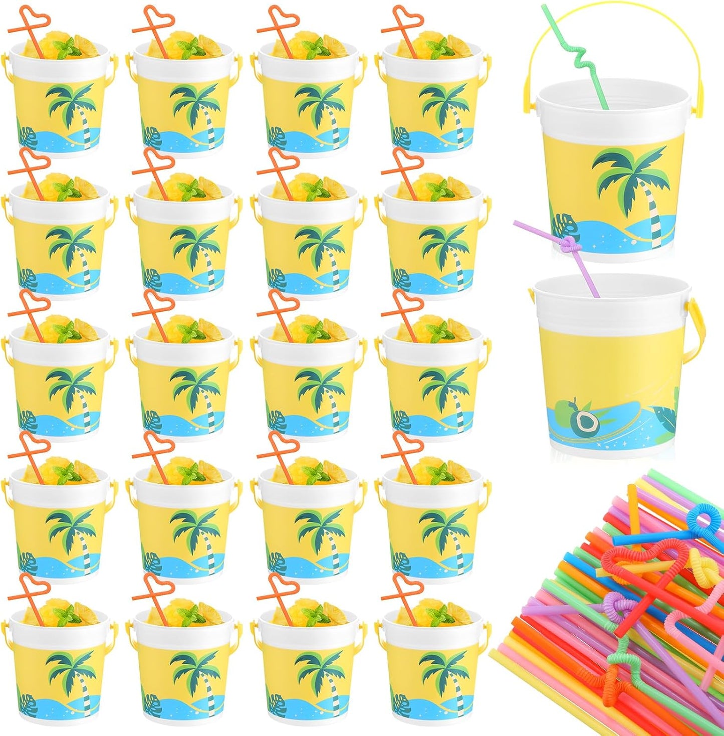 20 Pcs 32 oz Plastic Cocktail Rum Buckets with Handles for Drinks with 100 Colorful Straws Reusable Portable Drink Buckets for Beach Summer Bar Parties